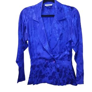 VTG Argenti 100% Silk 2 Pc Suit Womans 4 Blue Ruffle Butterfly Career Party
